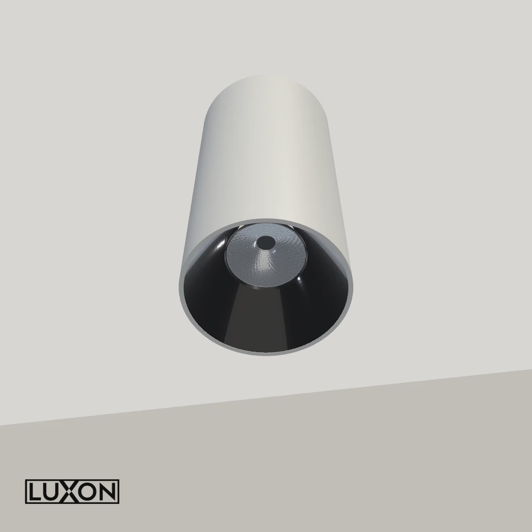 Animație 3D AURA LIGHT LUXON alb mat cu con interior negru lucios, reflector optic și sursă fixă, prezentare de 8 secunde