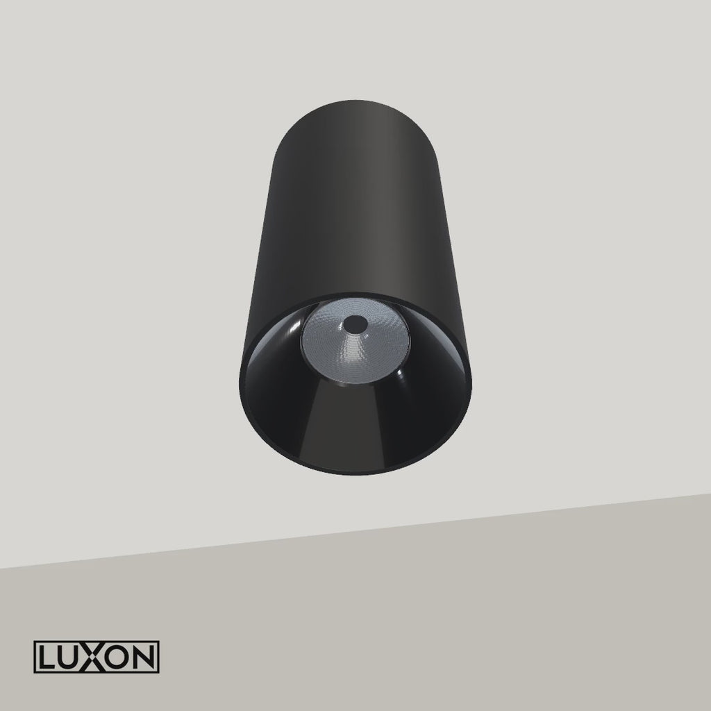 Animație 3D AURA LIGHT LUXON negru, con interior negru lucios și reflector optic, sursă fixă, prezentare de 8 secunde