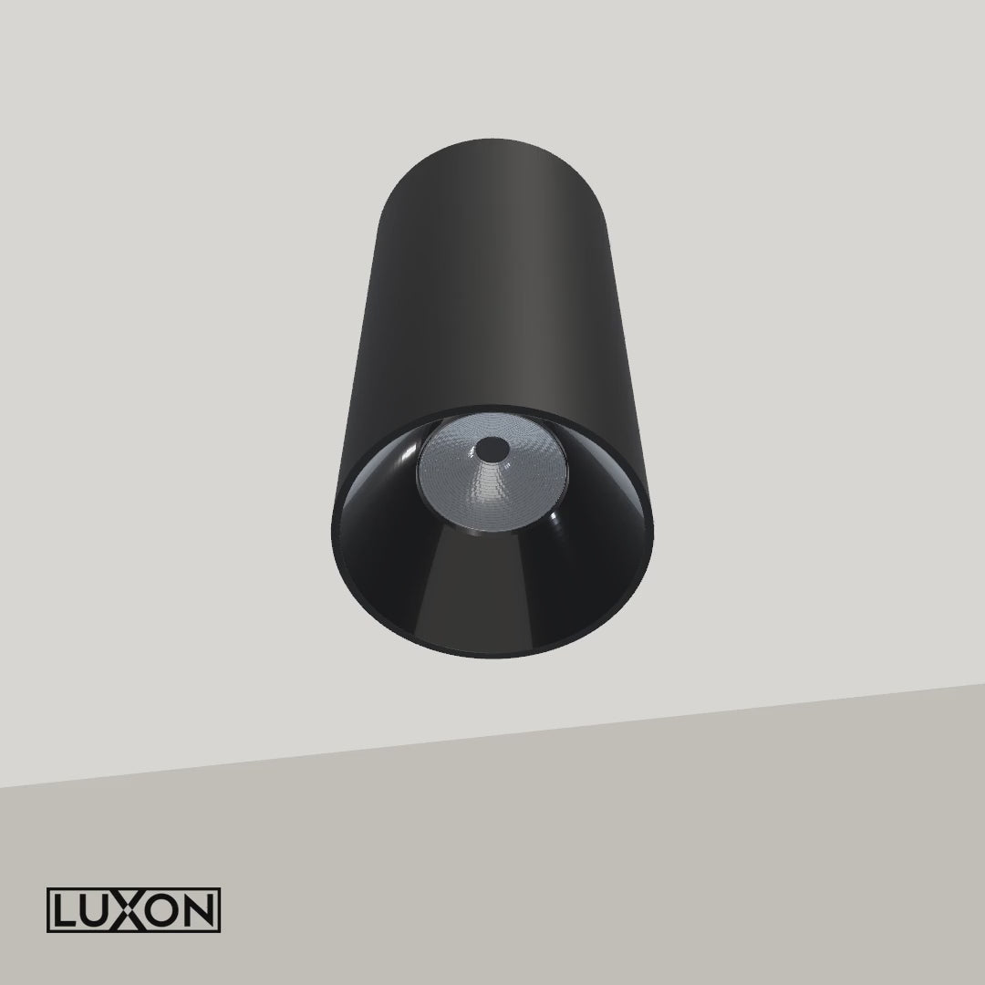 Animație 3D AURA LIGHT LUXON negru, con interior negru lucios și reflector optic, sursă fixă, prezentare de 8 secunde