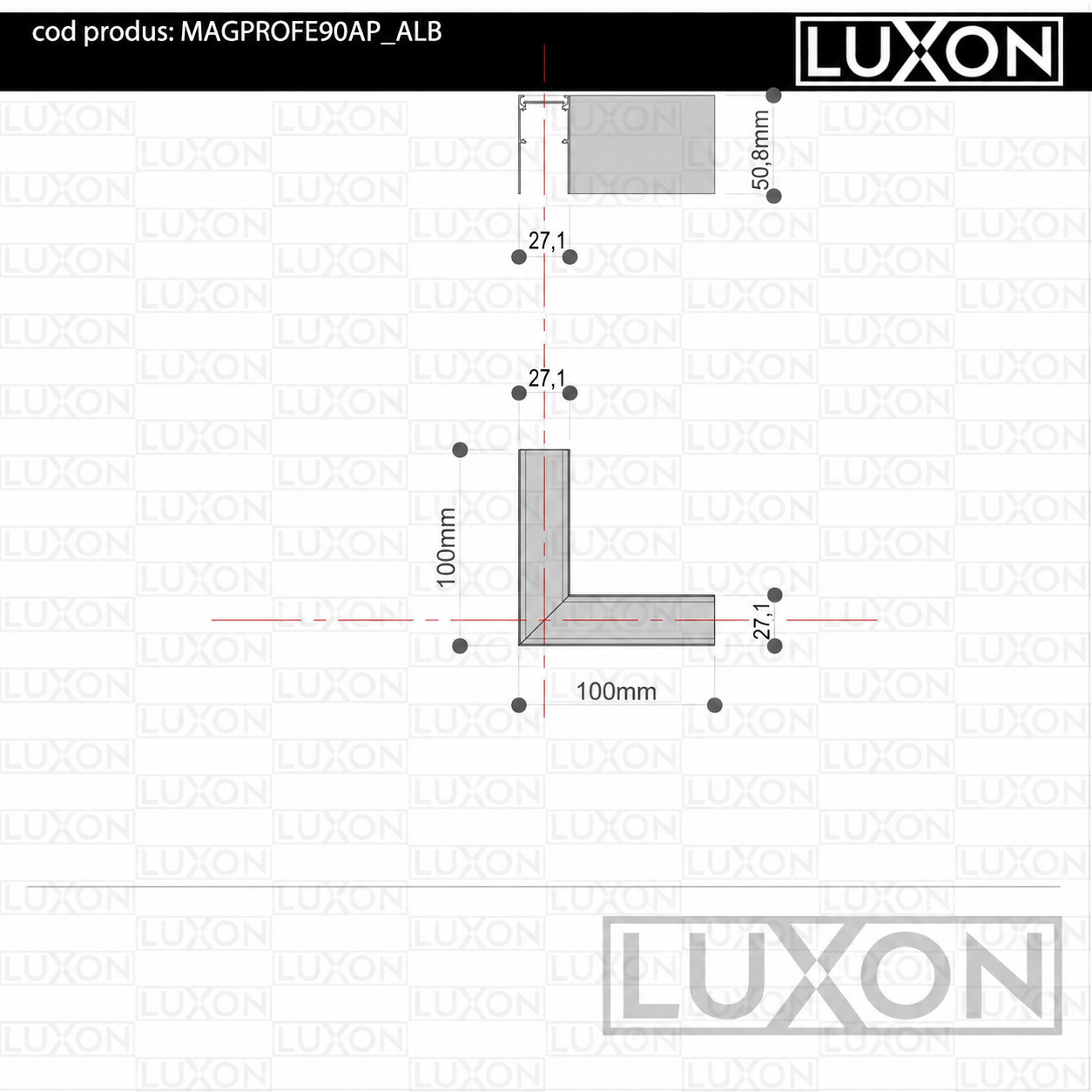 Conector de colt (90° orizontal) magnetic ALB pentru MONTAJ APARENT LUXON