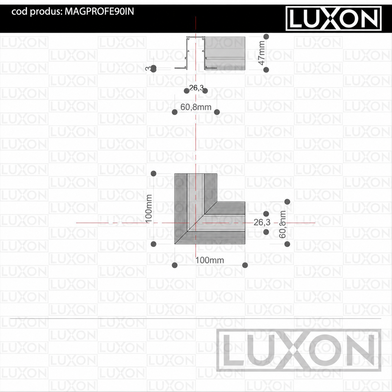Conector de colt (90° orizontal) magnetic pentru MONTAJ INCORPORAT LUXON