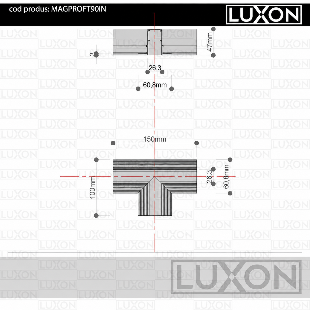 Conector T magnetic pentru MONTAJ INCORPORAT LUXON